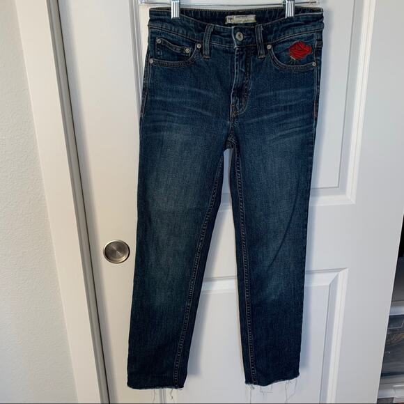 Free People Four Seasons Rose Patch Raw Hem Denim Slim Ankle Crop Jeans 25 - Picture 3 of 11